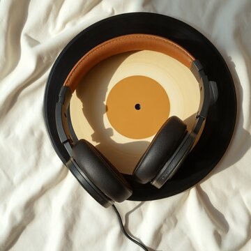 Vinyl record, headphones and a lyric sheet